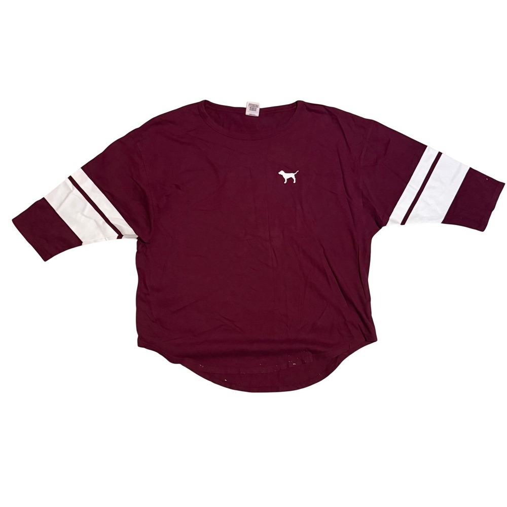 Victorias Secret PINK Varsity T-Shirt Burgundy Maroon Stripe Oversized Large